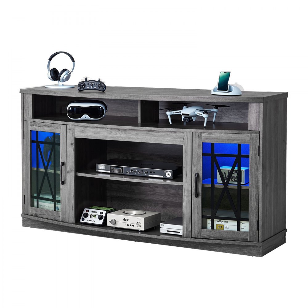 VEVOR TV Stand for TVs up to 65 inch, Farmhouse Entertainment Center with Light Strip, Wooden TV Cabinet Storage with Glass Doors and Adjustable Shelves, Console Table for Living Room, Bedroom, Gray