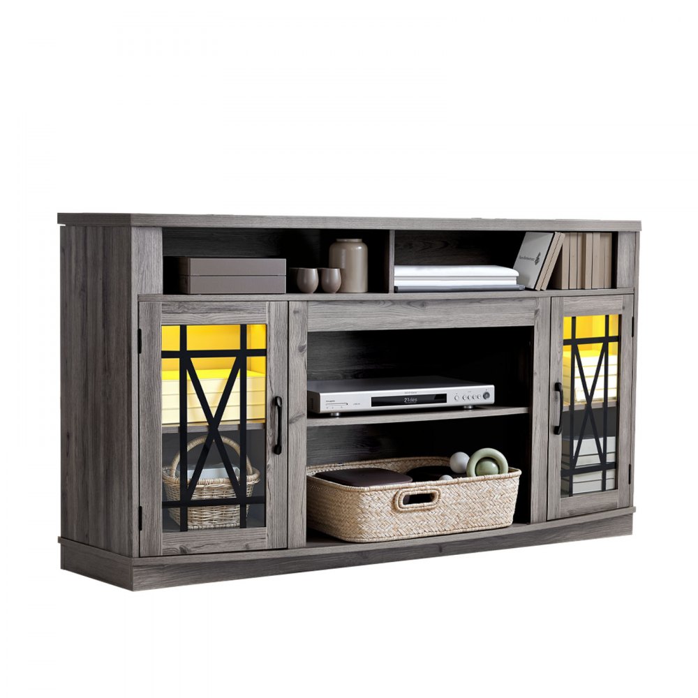 VEVOR TV Stand for TVs up to 65 inch, Farmhouse Entertainment Center with Light Strip, Wooden TV Cabinet Storage with Glass Doors and Adjustable Shelves, Console Table for Living Room, Bedroom, Gray