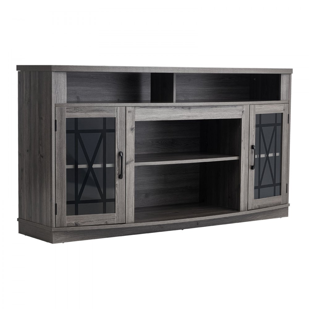 VEVOR TV Stand for TVs up to 65 inch, Farmhouse Entertainment Center with Light Strip, Wooden TV Cabinet Storage with Glass Doors and Adjustable Shelves, Console Table for Living Room, Bedroom, Gray