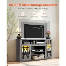 VEVOR TV Stand for TVs up to 65 inch, Farmhouse Entertainment Center with Light Strip, Wooden TV Cabinet Storage with Glass Doors and Adjustable Shelves, Console Table for Living Room, Bedroom, Gray