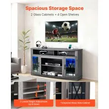 VEVOR TV Stand for TVs up to 65 inch, Farmhouse Entertainment Center with Light Strip, Wooden TV Cabinet Storage with Glass Doors and Adjustable Shelves, Console Table for Living Room, Bedroom, Gray