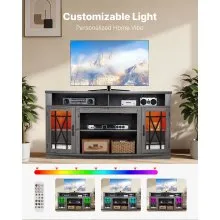 VEVOR TV Stand for TVs up to 65 inch, Farmhouse Entertainment Center with Light Strip, Wooden TV Cabinet Storage with Glass Doors and Adjustable Shelves, Console Table for Living Room, Bedroom, Gray