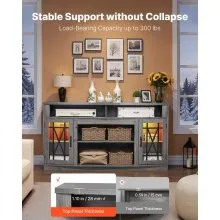 VEVOR TV Stand for TVs up to 65 inch, Farmhouse Entertainment Center with Light Strip, Wooden TV Cabinet Storage with Glass Doors and Adjustable Shelves, Console Table for Living Room, Bedroom, Gray