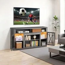 VEVOR TV Stand for TVs up to 65 inch, Farmhouse Entertainment Center with Light Strip, Wooden TV Cabinet Storage with Glass Doors and Adjustable Shelves, Console Table for Living Room, Bedroom, Gray