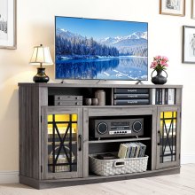 VEVOR TV Stand for TVs up to 65 inch, Farmhouse Entertainment Center with Light Strip, Wooden TV Cabinet Storage with Glass Doors and Adjustable Shelves, Console Table for Living Room, Bedroom, Gray