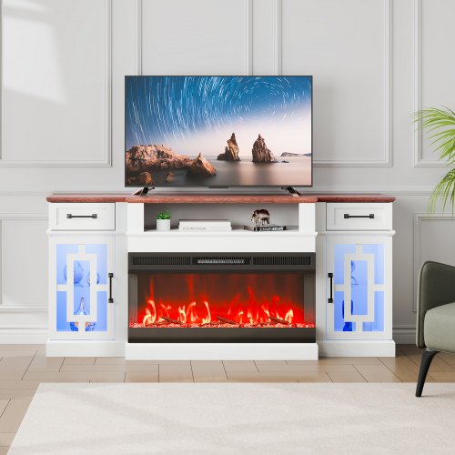 VEVOR 80" Fireplace TV Stand, Media Storage Corner with 36" Fireplace, Storage Drawers & Cabinets, Vintage TV Console Table with 20 LED Lights, Remote Control & Timer for Living Room, Brown & White