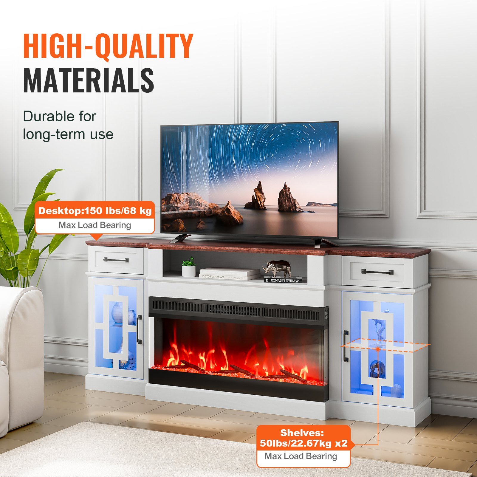 VEVOR 80" Fireplace TV Stand, Media Storage Corner with 36" Fireplace, Storage Drawers & Cabinets, Vintage TV Console Table with 20 LED Lights, Remote Control & Timer for Living Room, Brown & White