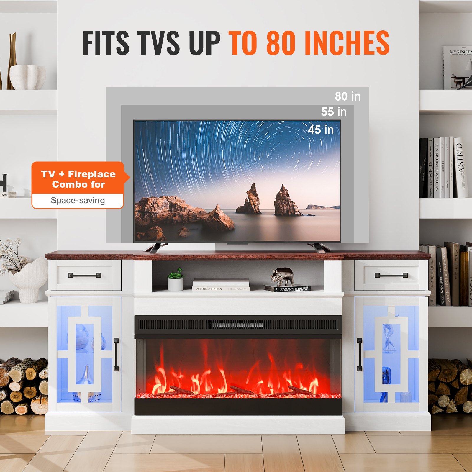 VEVOR 80" Fireplace TV Stand, Media Storage Corner with 36" Fireplace, Storage Drawers & Cabinets, Vintage TV Console Table with 20 LED Lights, Remote Control & Timer for Living Room, Brown & White