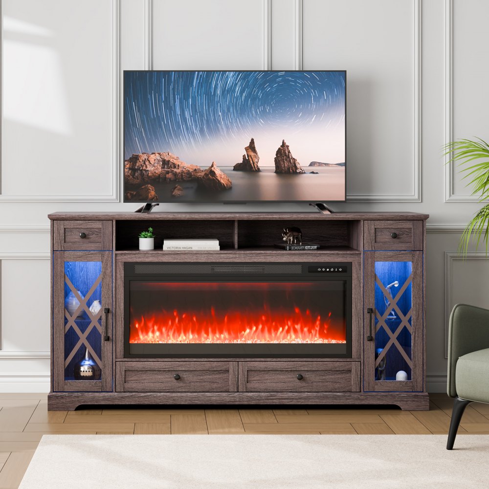 VEVOR 80" Fireplace TV Stand with 20 LED Lights Remote Control and Timer Grey