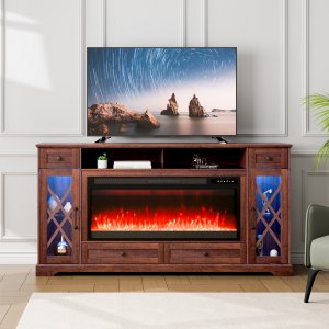 VEVOR 80″ Fireplace TV Stand, Media Storage Corner with 42″ Fireplace, Storage Drawers & Cabinets, Pastoral TV Console Table with 20 LED Lights, Remote Control and Timer for Living Room, Brown | VEVOR US
