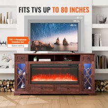 VEVOR 80" Fireplace TV Stand with 20 LED Lights Remote Control and Timer Brown