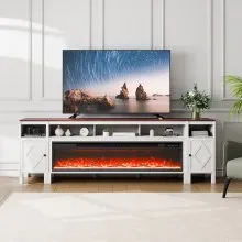 VEVOR Fireplace TV Stand for TVs 90", Media Storage Corner with 60" Fireplace, Storage Drawers & Cabinets, Pastoral TV Console Table with 20 LED Lights, Remote Control and Timer for Living Room, White