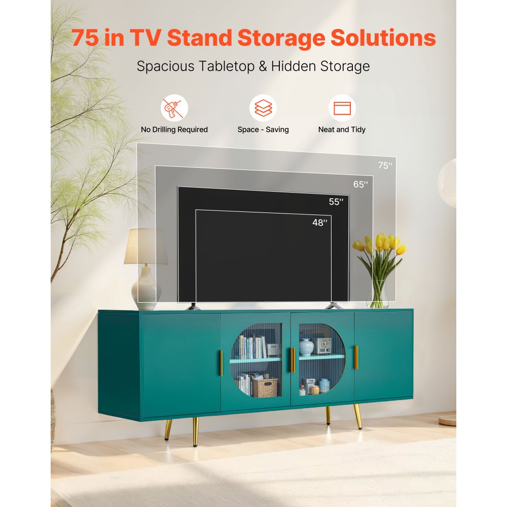 VEVOR TV Stand for TVs up to 75 inch, Modern Entertainment Center with Glass Doors and Gold Legs, TV Cabinet Storage with Adjustable Shelves, Media Console Table for Living Room and Bedroom, Green