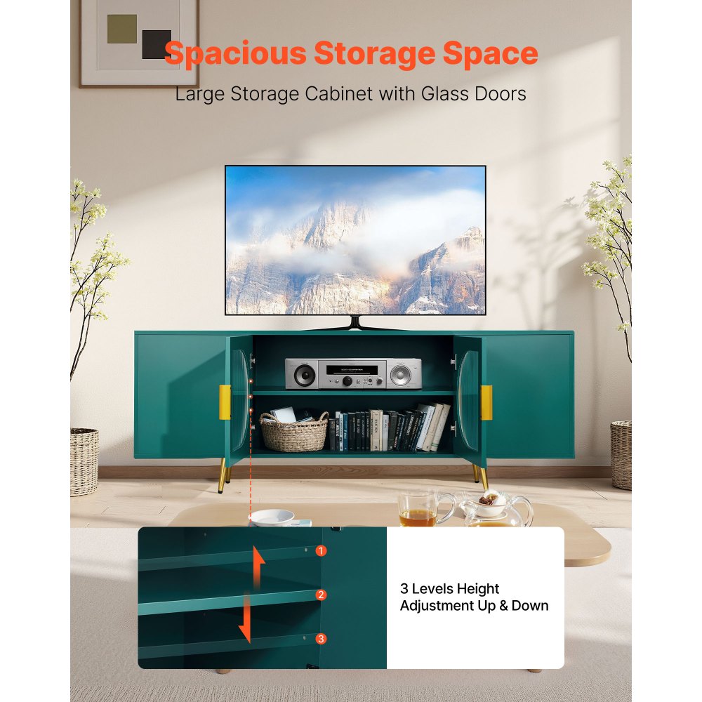 VEVOR TV Stand for TVs up to 75 inch, Modern Entertainment Center with Glass Doors and Gold Legs, TV Cabinet Storage with Adjustable Shelves, Media Console Table for Living Room and Bedroom, Green