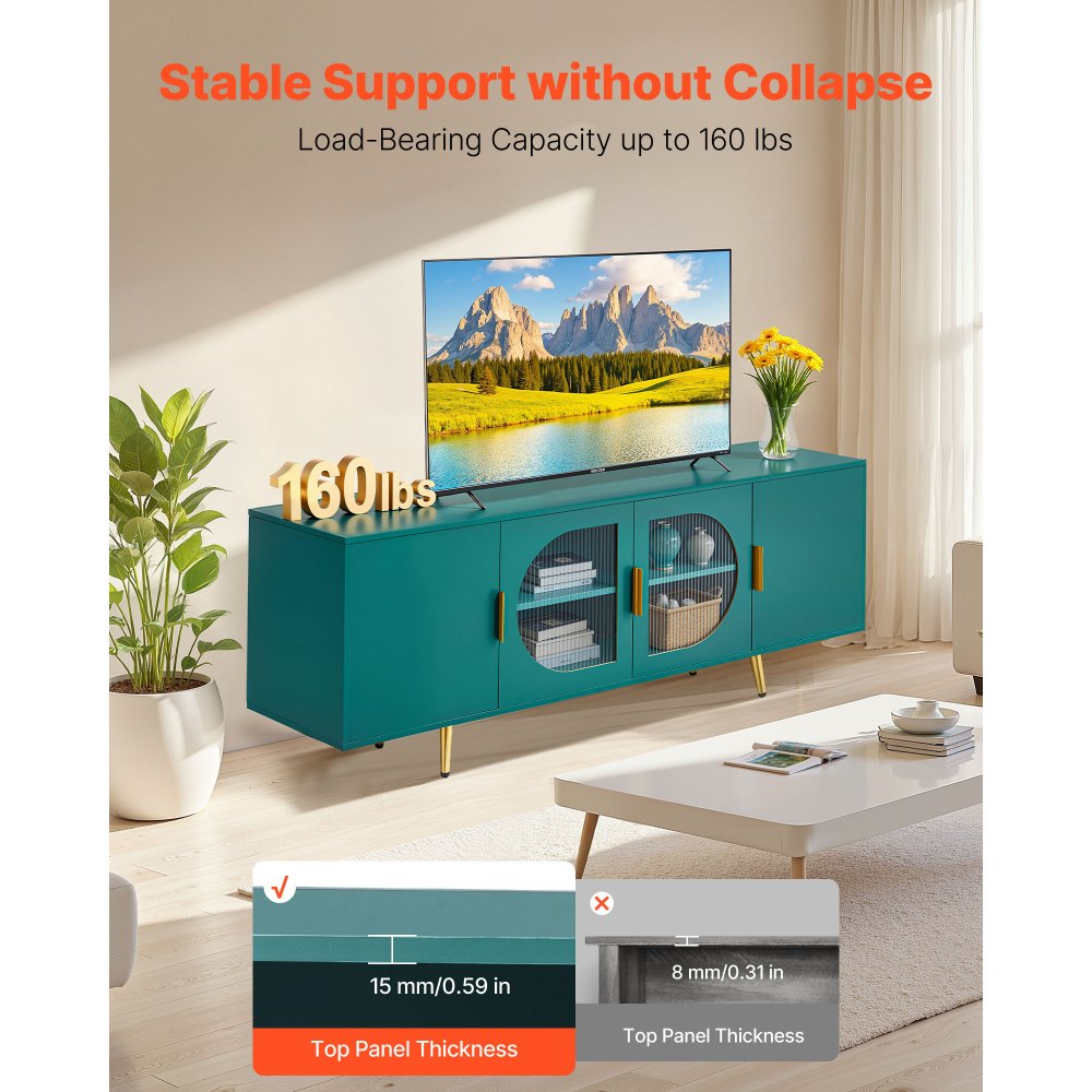 VEVOR TV Stand for TVs up to 75 inch, Modern Entertainment Center with Glass Doors and Gold Legs, TV Cabinet Storage with Adjustable Shelves, Media Console Table for Living Room and Bedroom, Green