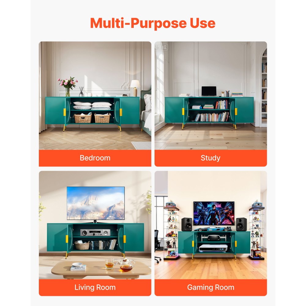 VEVOR TV Stand for TVs up to 75 inch, Modern Entertainment Center with Glass Doors and Gold Legs, TV Cabinet Storage with Adjustable Shelves, Media Console Table for Living Room and Bedroom, Green