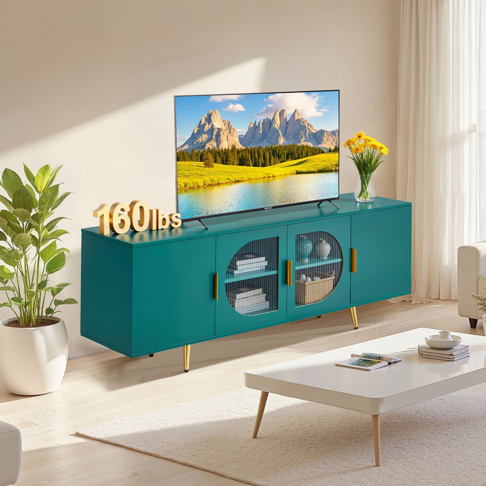 VEVOR TV Stand for TVs up to 75 inch, Modern Entertainment Center with Glass Doors and Gold Legs, TV Cabinet Storage with Adjustable Shelves, Media Console Table for Living Room and Bedroom, Green