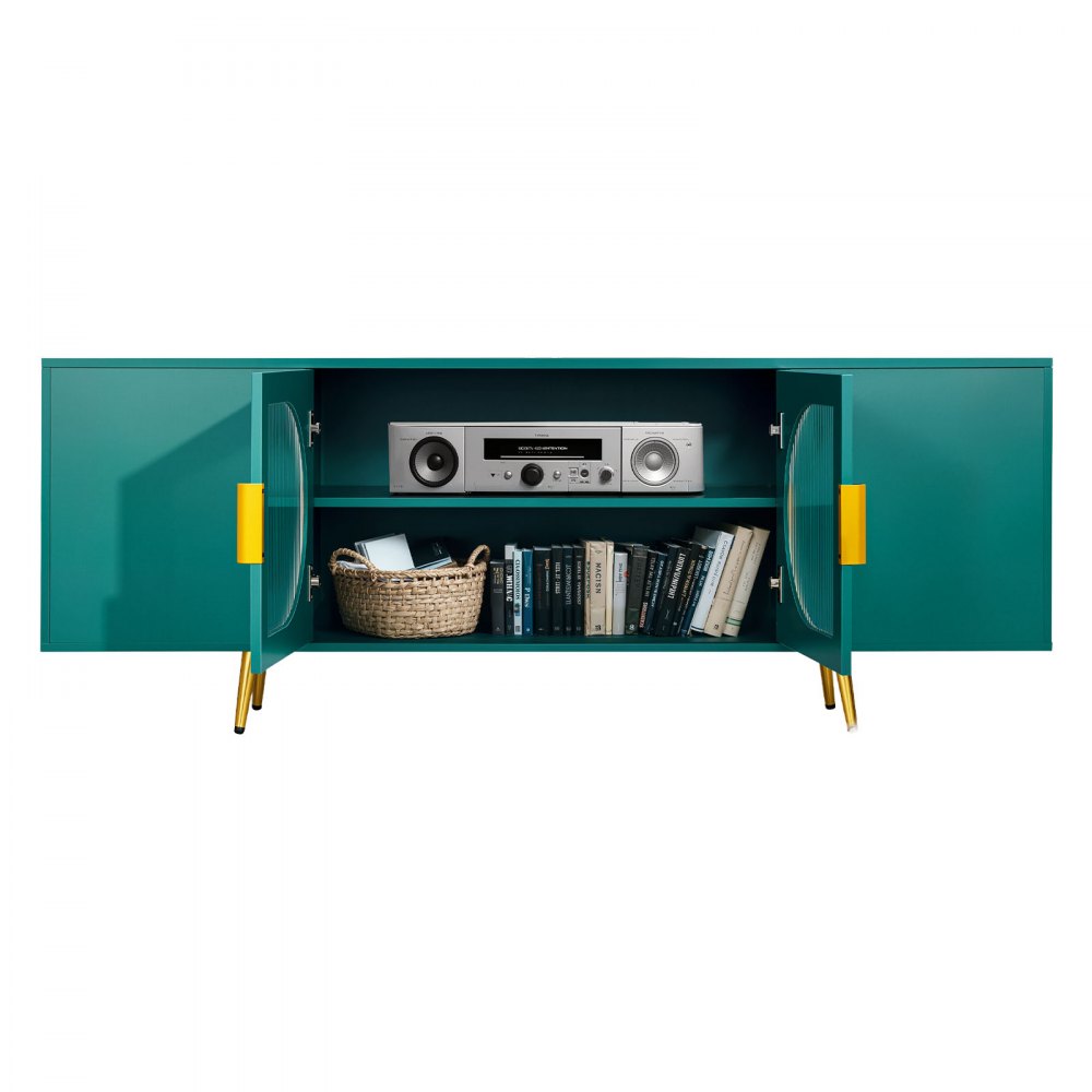 VEVOR TV Stand for TVs up to 75 inch, Modern Entertainment Center with Glass Doors and Gold Legs, TV Cabinet Storage with Adjustable Shelves, Media Console Table for Living Room and Bedroom, Green