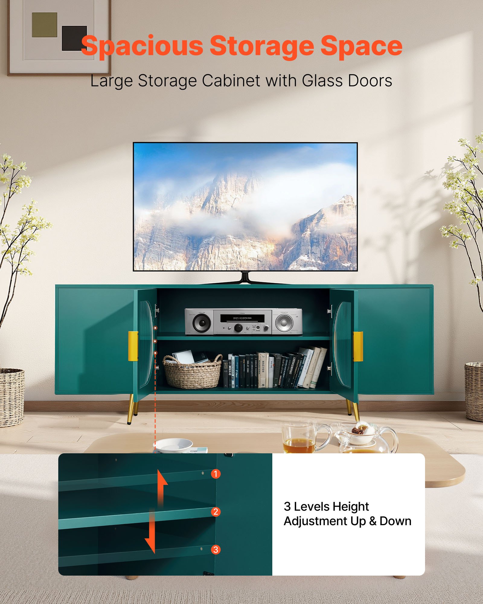 VEVOR TV Stand for TVs up to 75 inch, Modern Entertainment Center with Glass Doors and Gold Legs, TV Cabinet Storage with Adjustable Shelves, Media Console Table for Living Room and Bedroom, Green