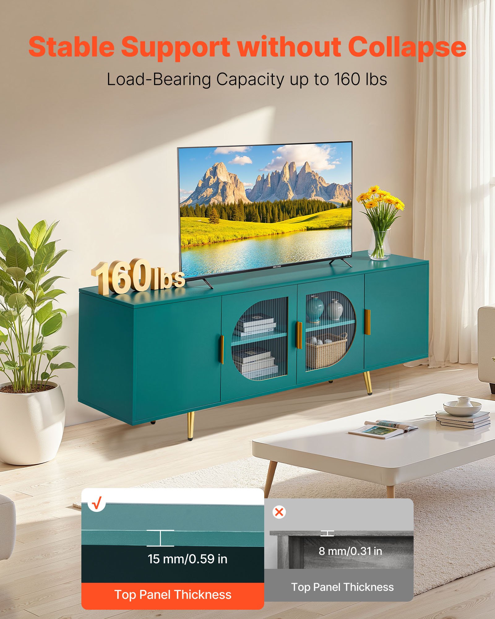 VEVOR TV Stand for TVs up to 75 inch, Modern Entertainment Center with Glass Doors and Gold Legs, TV Cabinet Storage with Adjustable Shelves, Media Console Table for Living Room and Bedroom, Green