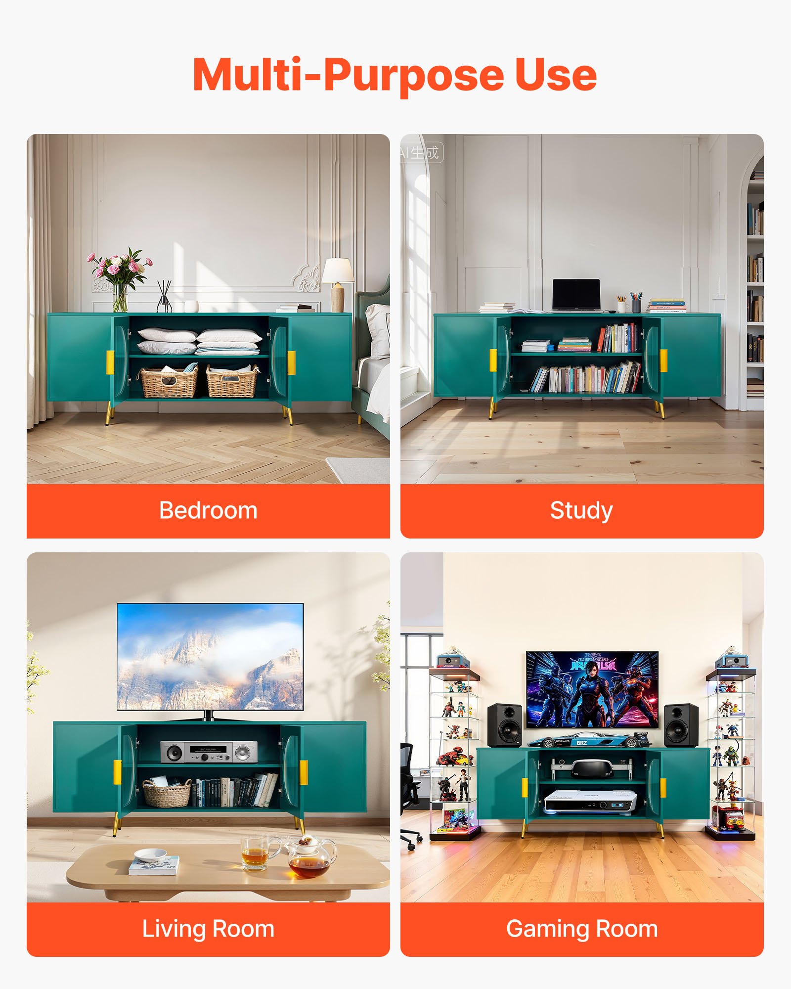 VEVOR TV Stand for TVs up to 75 inch, Modern Entertainment Center with Glass Doors and Gold Legs, TV Cabinet Storage with Adjustable Shelves, Media Console Table for Living Room and Bedroom, Green