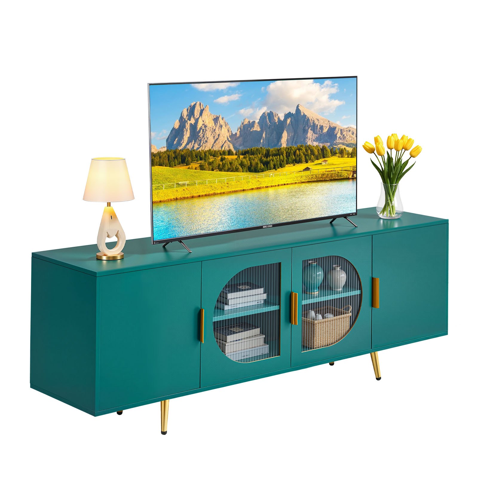 VEVOR TV Stand for TVs up to 75 inch, Modern Entertainment Center with Glass Doors and Gold Legs, TV Cabinet Storage with Adjustable Shelves, Media Console Table for Living Room and Bedroom, Green
