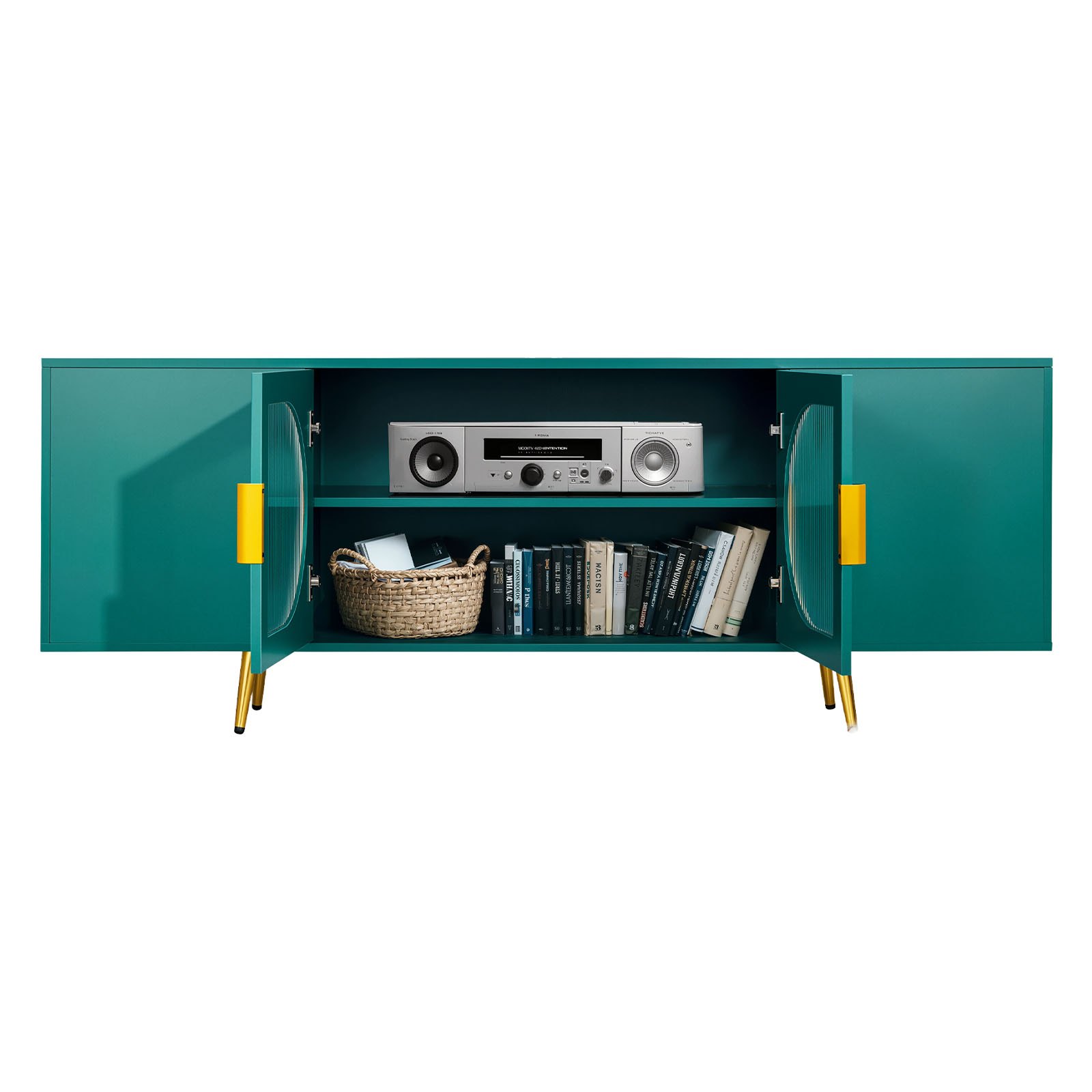 VEVOR TV Stand for TVs up to 75 inch, Modern Entertainment Center with Glass Doors and Gold Legs, TV Cabinet Storage with Adjustable Shelves, Media Console Table for Living Room and Bedroom, Green