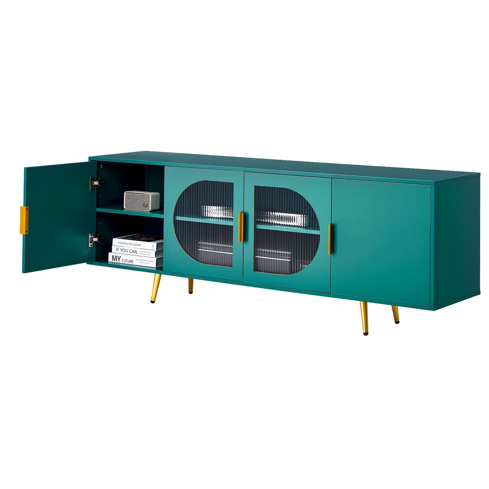 VEVOR TV Stand for TVs up to 75 inch, Modern Entertainment Center with Glass Doors and Gold Legs, TV Cabinet Storage with Adjustable Shelves, Media Console Table for Living Room and Bedroom, Green