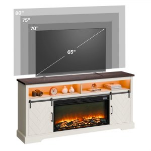 VEVOR Fireplace TV Stand, Farmhouse Fireplace TV Stand for TVs up to 80 inch, Farmhouse Entertainment Center with 36 inch Fireplace & LED Lights, Electric Fireplaces for Living Room Bedroom, White | VEVOR US