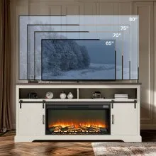 VEVOR Fireplace TV Stand, Farmhouse Fireplace TV Stand for TVs up to 80 inch, Farmhouse Entertainment Center with 36 inch Fireplace & LED Lights, Electric Fireplaces for Living Room Bedroom, White