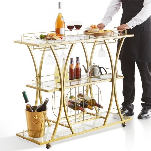 VEVOR 3 Tiers Gold Metal Bar Serving Cart with Wine Rack Glass Holder 180 LBS