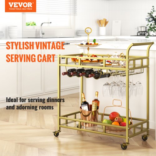 VEVOR 2 Tiers Gold Metal Bar Serving Cart with Wine Rack Glass Holder 120 LBS