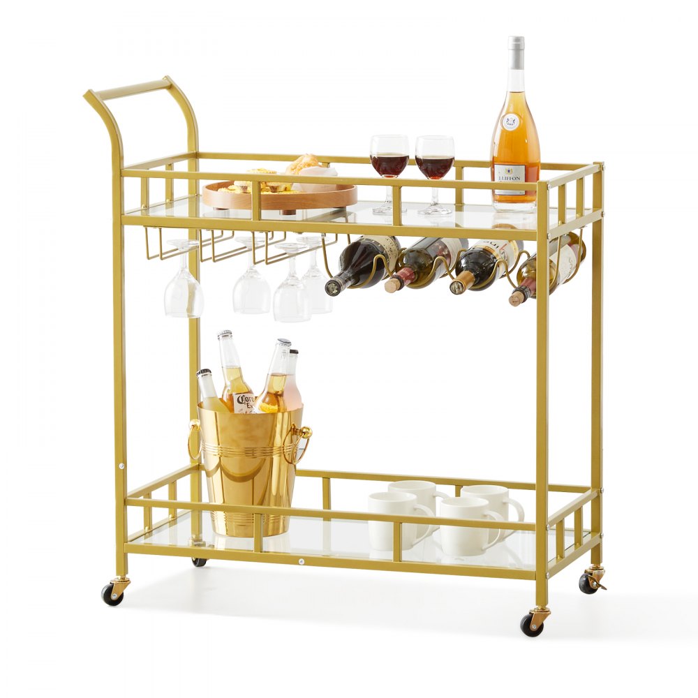 VEVOR Cărucior de bar auriu, cărucior de servire cu 2 niveluri pentru acasă pe roți care se blochează, cărucior cu alcool rulant cu rafturi din sticlă securizată Raft pentru vin, cărucior modern pentru vin pentru bucătărie de acasă, sufragerie și sufragerie