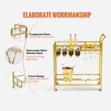 VEVOR Bar Cart Gold, 2 επιπέδων Home Bar Cart σε ρόδες που κλειδώνουν, Rolling Cart Alcohol with Tempered Glass Rack Guarddrail Wine Rack, Modern Cart Wine for Home Kitchen Training and σαλόνι