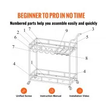 VEVOR Bar Cart Gold, 2 Tiers Home Bar Serving Cart on Lockable Wheels, Rolling Alcohol Cart with Tempered Glass Shelves Guardrail Wine Rack, Modern Wine Cart for Home Kitchen Dining and Living Room