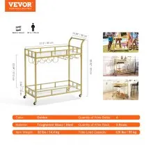 VEVOR Bar Cart Gold, 2 Tiers Home Bar Serving Cart on Lockable Wheels, Rolling Alcohol Cart with Tempered Glass Shelves Guardrail Wine Rack, Modern Wine Cart for Home Kitchen Dining and Living Room