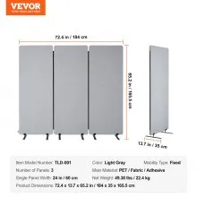 VEVOR Office Partitions, 3 Panel PET Polyester Soundproof Room Screen, Folding Privacy Divider Portable Partition Divider for Room Separation, Freestanding Room Partitions for Office Study, Grey