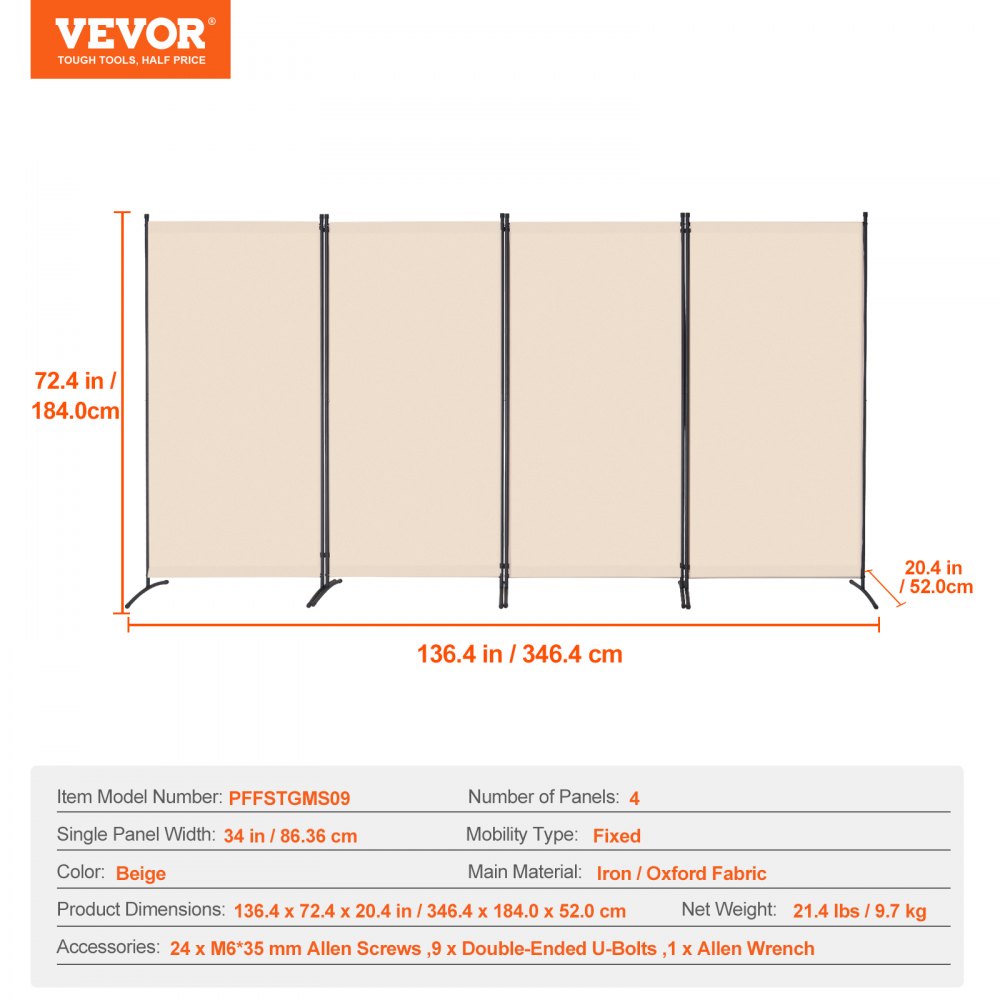 VEVOR Room Divider, 4 Panels Room Divider, Folding Privacy Screen and Portable Partition Divider for Room Separation, Freestanding Room Partitions for Office, Bedroom, Study, Beige