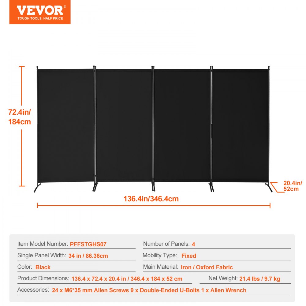 VEVOR Room Divider, 4 Panels Room Divider, Folding Privacy Screen and Portable Partition Divider for Room Separation, Freestanding Room Partitions for Office, Bedroom, Study, Black