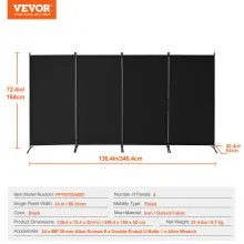 VEVOR Room Divider, 4 Panel Room Divider, Folding Privacy Screen and Portable Partition Divider for Room Separation, Freestanding Room Partitions for Office, Bedroom, Living Room, Black