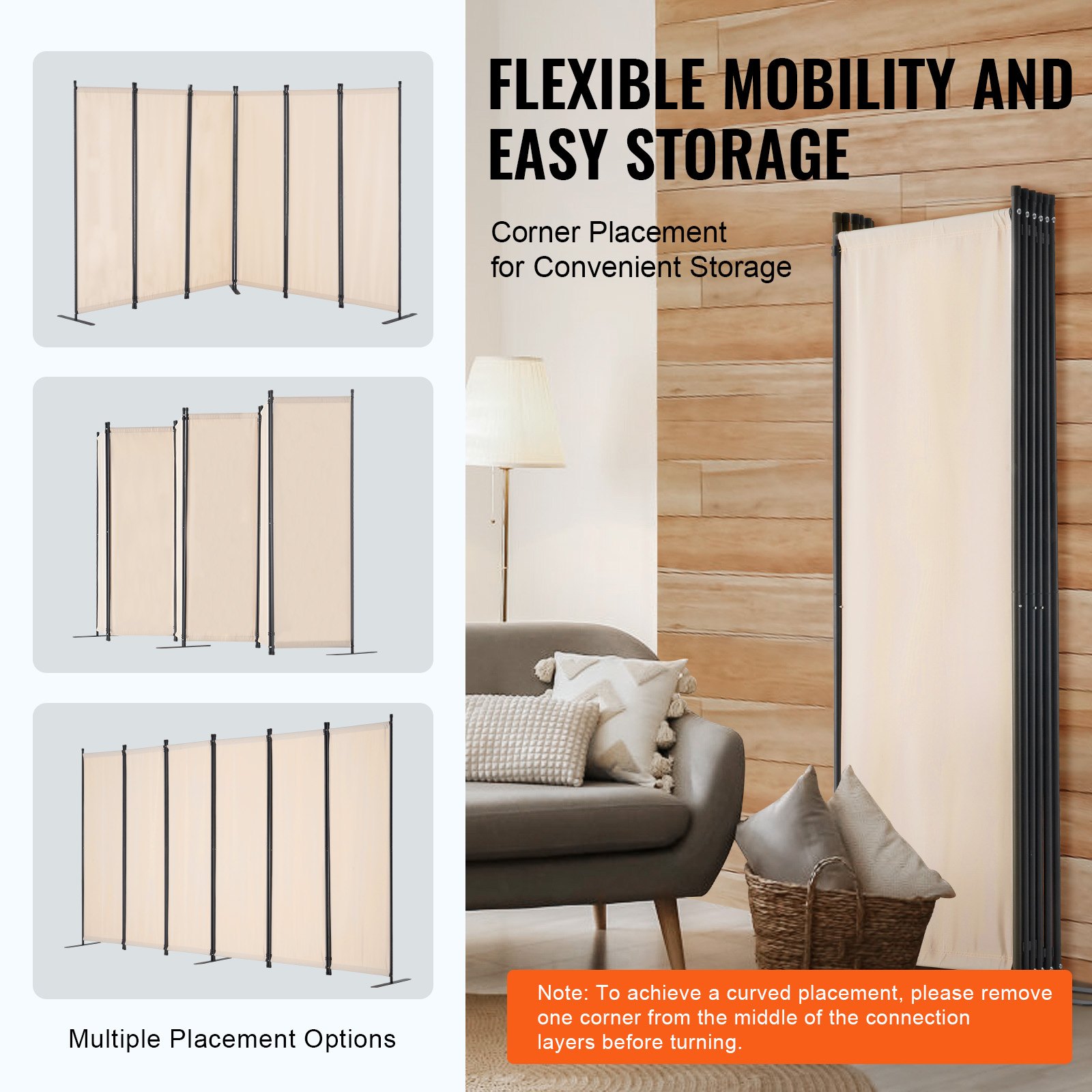 VEVOR Room Divider, 6 Panels Room Divider, Folding Privacy Screen and Portable Partition Divider for Room Separation, Freestanding Room Partitions for Office, Bedroom, Study, Beige