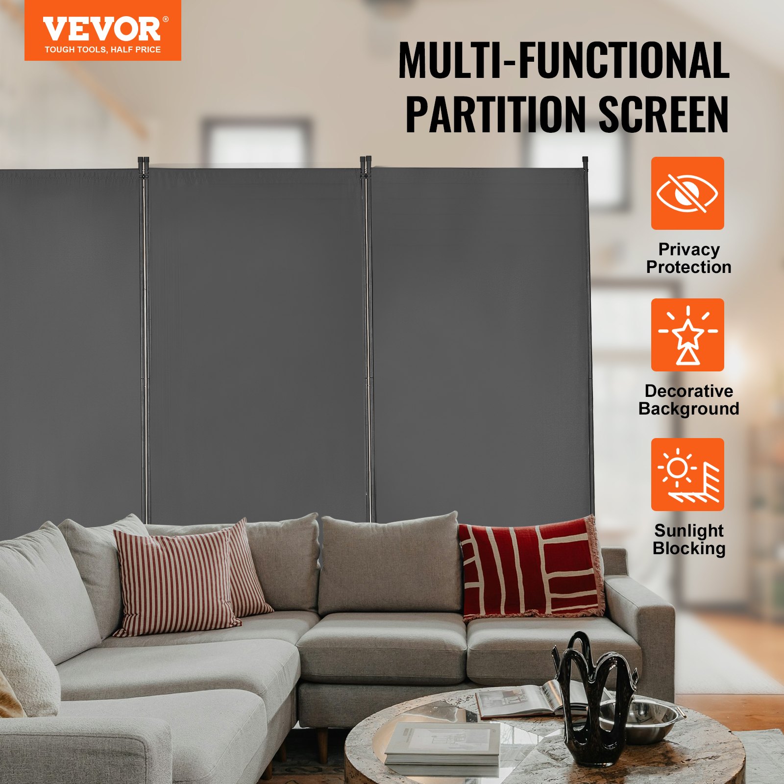 VEVOR Room Divider, 3 Panel Room Divider, Folding Privacy Screen and Portable Partition Divider for Room Separation, Freestanding Room Partitions for Office, Bedroom, Study, Grey