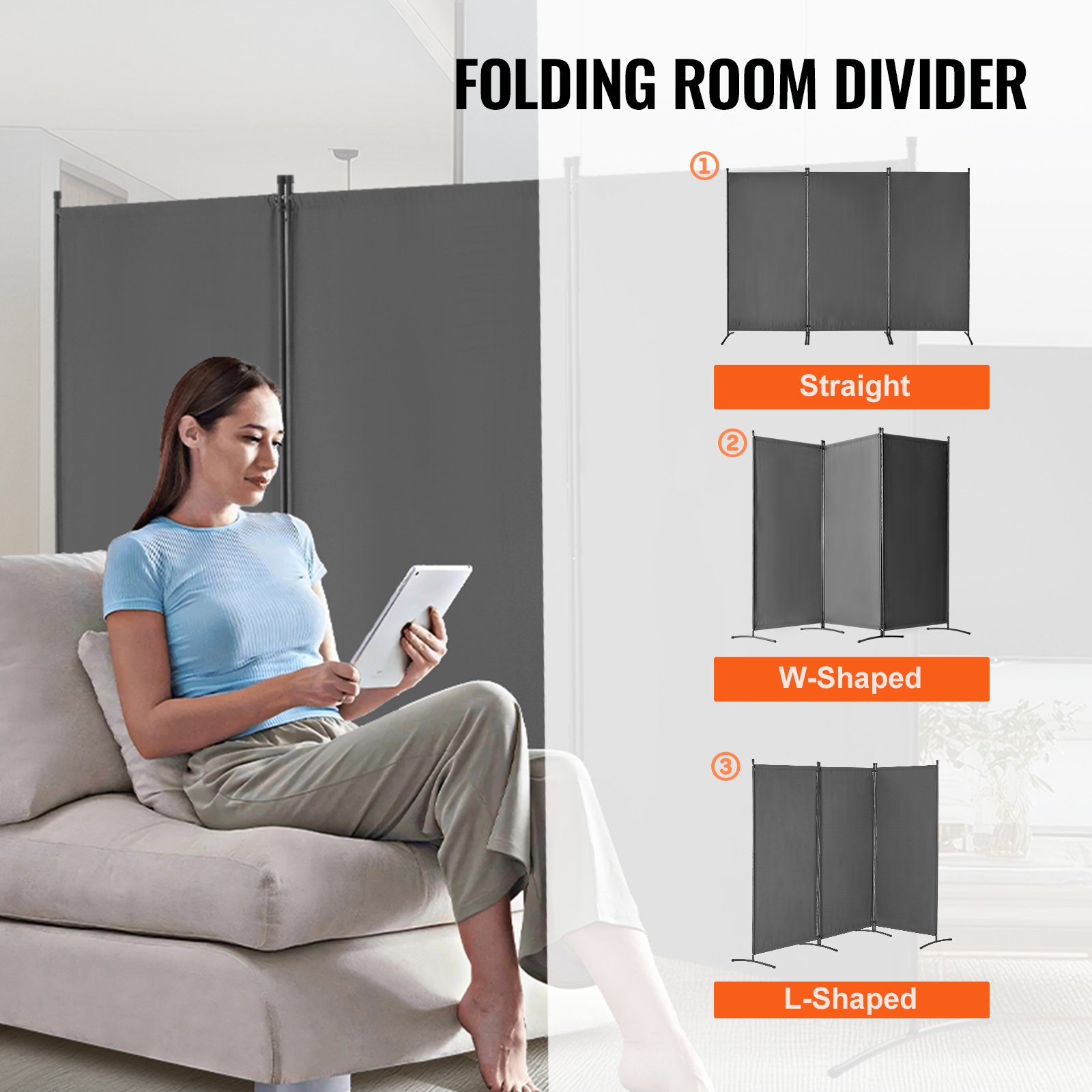 VEVOR Room Divider, 3 Panel Room Divider, Folding Privacy Screen and Portable Partition Divider for Room Separation, Freestanding Room Partitions for Office, Bedroom, Study, Grey
