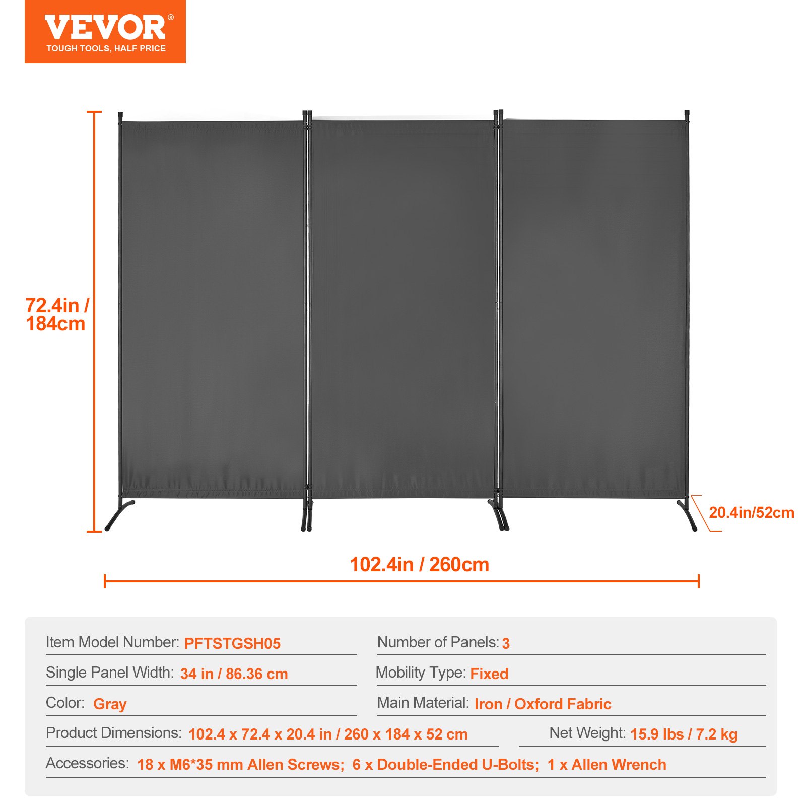 VEVOR Room Divider, 3 Panel Room Divider, Folding Privacy Screen and Portable Partition Divider for Room Separation, Freestanding Room Partitions for Office, Bedroom, Study, Grey