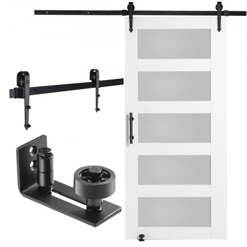 VEVOR Barn Door and Hardware Kit, 42" x 84" Wood and Glass Sliding Barn Door, Smoothly and Quietly, Barn Door Kit with 8-in-1 Floor Guide and Door Handle, Spruce Wood Slab and Frosted Glass