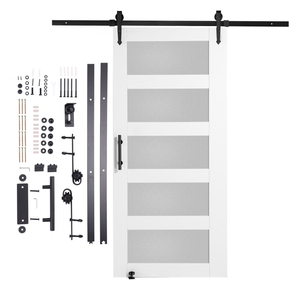 VEVOR Barn Door and Hardware Kit, 42" x 84" Wood and Glass Sliding Barn Door, Smoothly and Quietly, Barn Door Kit with 8-in-1 Floor Guide and Door Handle, Spruce Wood Slab and Frosted Glass