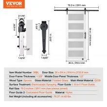 VEVOR Barn Door and Hardware Kit 36" x 84" Wood and Glass Sliding Barn Door Kit