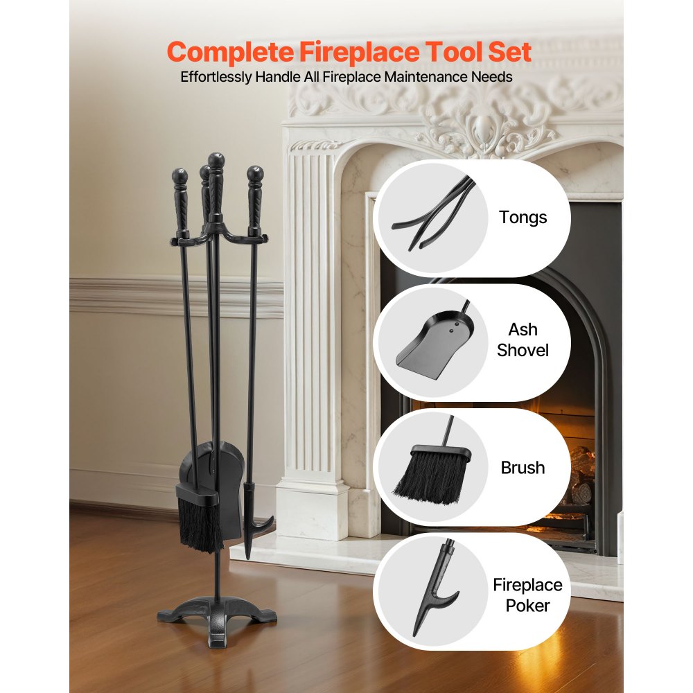VEVOR Fireplace Tool Set, 4 PCS Fire Tool Set and Holder with Three-Prong Stand, Ash Shovel, Brush, Fire Place Poker, Wrought Iron Fireplace Accessories for Campfire Indoor/Outdoor, Black