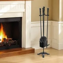 VEVOR Fireplace Tool Set, 4 PCS Fire Tool Set and Holder with Three-Prong Stand, Ash Shovel, Brush, Fire Place Poker, Wrought Iron Fireplace Accessories for Campfire Indoor/Outdoor, Black