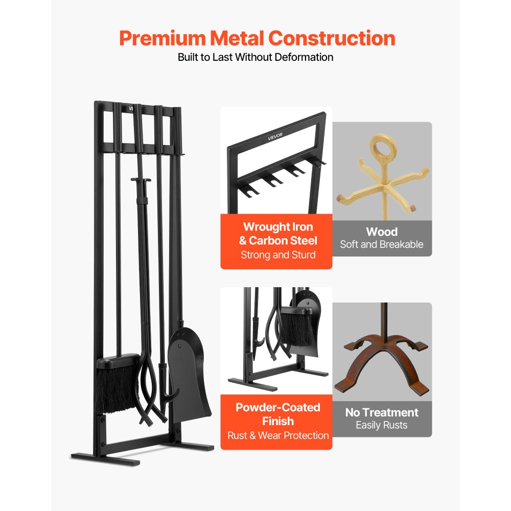 VEVOR Fireplace Tool Set, 5 PCS Fire Tool Set and Holder with Square-Frame Stand, Tongs, Ash Shovel, Brush, Fire Place Poker, Wrought Iron Steel Fireplace Accessories for Indoor/Outdoor, Black